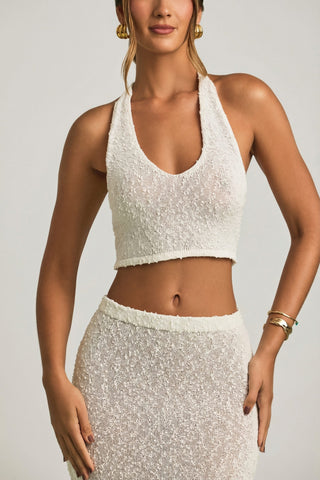 Boucl? Halterneck Crop Top in White