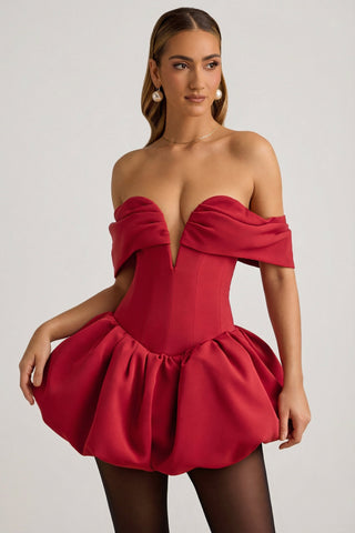Off-Shoulder Layered Bubble Hem Corset Mini Dress in True Red