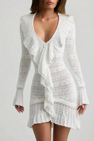 Ruffle-Trim Pointelle-Knit Mini Dress in White