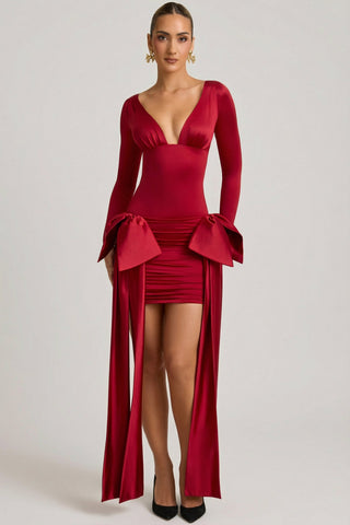 Bow-Detail Ruched Mini Dress in True Red