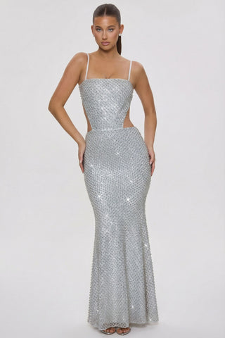 Embellished Cut-Out Gown in Silver