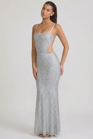 Embellished Cut-Out Gown in Silver