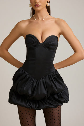 Satin Bubble Hem Corset Mini Dress in Black