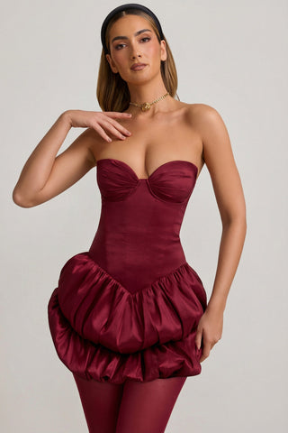 Satin Bubble Hem Corset Mini Dress in Wine Red