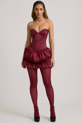 Satin Bubble Hem Corset Mini Dress in Wine Red