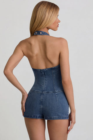 Button-Down Halterneck Playsuit in Mid-Blue