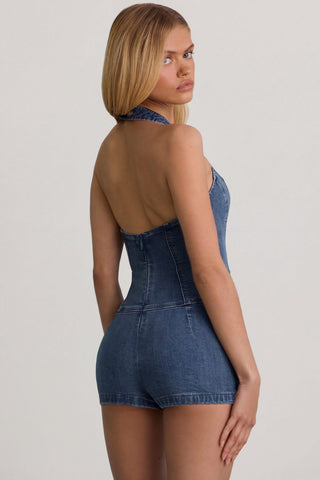 Button-Down Halterneck Playsuit in Mid-Blue