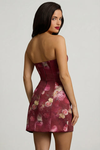 Strapless Structured Tulip Mini Dress in Maroon Floral Print