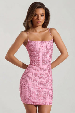 Embellished Scoop-Neck Bodycon Mini Dress in Pink