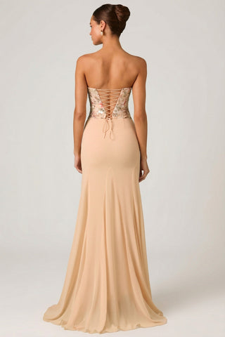Embellished Corset Fishtail Gown in Floral Beige