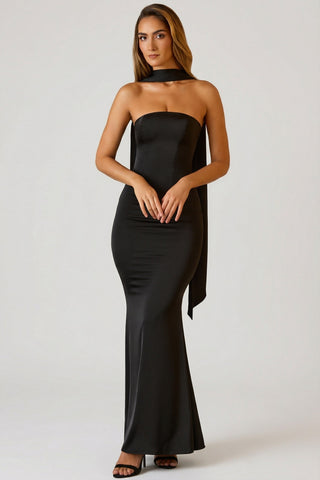 Scarf-Detail Strapless Gown in Black