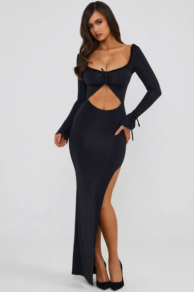 Ruffle-Trim Cut-Out Maxi Dress in Black