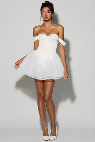 Off-Shoulder Layered Corset Micro Mini Dress in White
