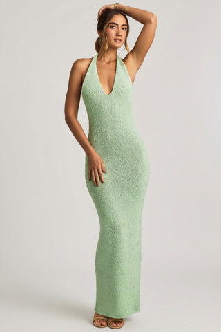 Boucl? Halterneck Maxi Dress in Mint