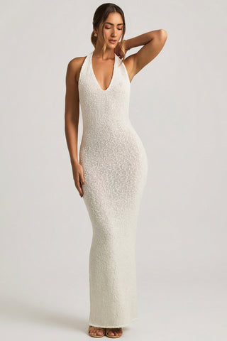 Boucl? Halterneck Maxi Dress in White