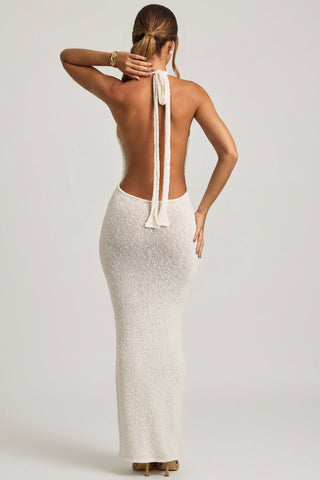 Boucl? Halterneck Maxi Dress in White