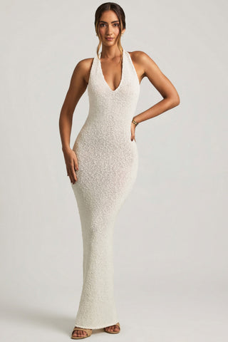 Boucl? Halterneck Maxi Dress in White