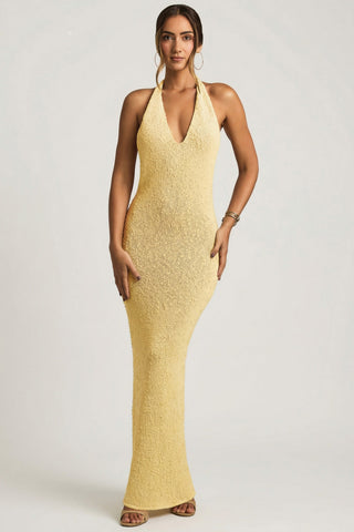 Boucl? Halterneck Maxi Dress in Yellow