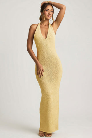 Boucl? Halterneck Maxi Dress in Yellow