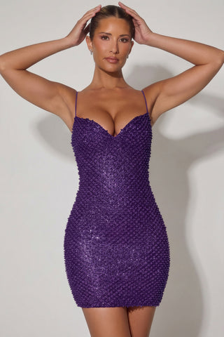Embellished Sweetheart-Neck Mini Dress in Purple