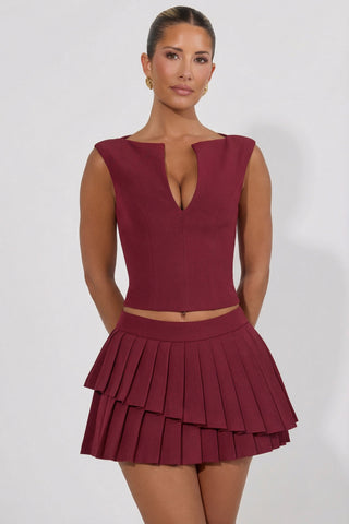 Layered Pleated Low-Rise Mini Skirt in Wine Red