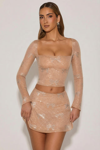 Embellished Bow-Detail Top in Almond