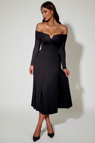 Off-Shoulder Lace-Up A-Line Midaxi Dress in Black