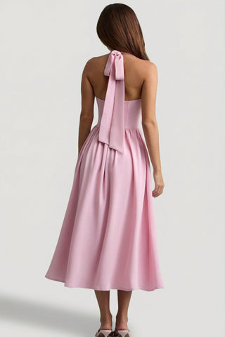 Button-Detail Halterneck Midaxi Dress in Soft Pink