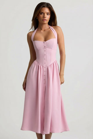 Button-Detail Halterneck Midaxi Dress in Soft Pink
