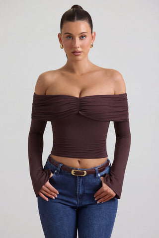 Modal-Cashmere Blend Off-Shoulder Ruched Top in Espresso