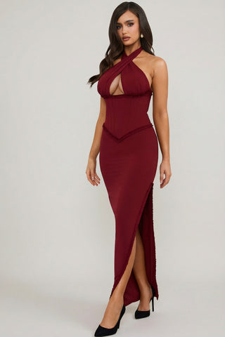 Halterneck Lace-Up Corset Maxi Dress in Berry Red