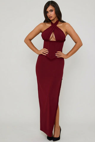 Halterneck Lace-Up Corset Maxi Dress in Berry Red