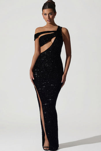 Embellished Asymmetric Cut-Out Gown in Black