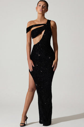 Embellished Asymmetric Cut-Out Gown in Black