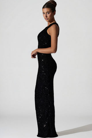Embellished Asymmetric Cut-Out Gown in Black
