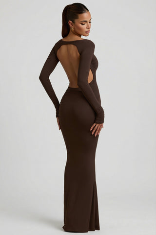 Modal Ruched Backless Maxi Dress in Chocolate Brown