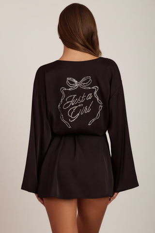 Embellished Loose-Fit Wrap-Over Robe in Black