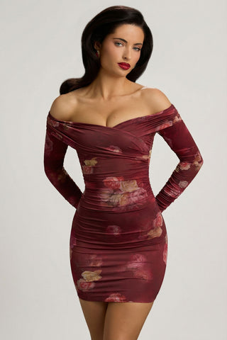 Off-Shoulder Ruched Bodycon Mini Dress in Maroon Floral Print