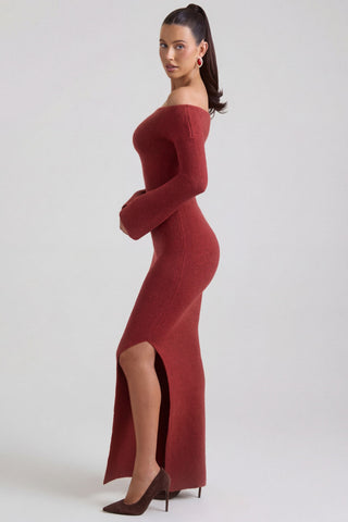 Ribbed-Knit Off-Shoulder Maxi Dress in Brick Red