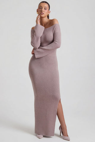 Ribbed-Knit Off-Shoulder Maxi Dress in Taupe