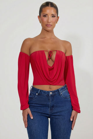 Off-Shoulder Draped Balloon-Sleeve Top in Red