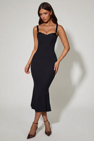 Layered Bra-Detail Fishtail Midaxi Dress in Black