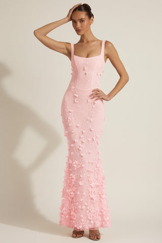 Embellished Appliqu? Soft-Scoop Corset Gown in Pink