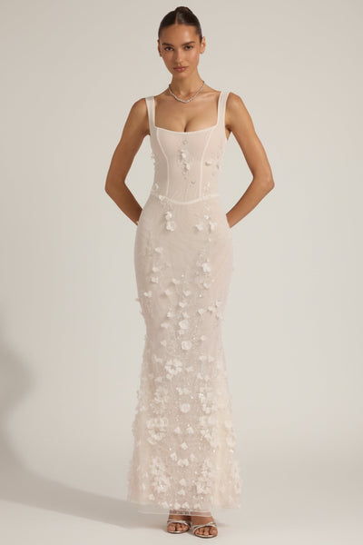 Embellished Appliqu? Soft-Scoop Corset Gown in White