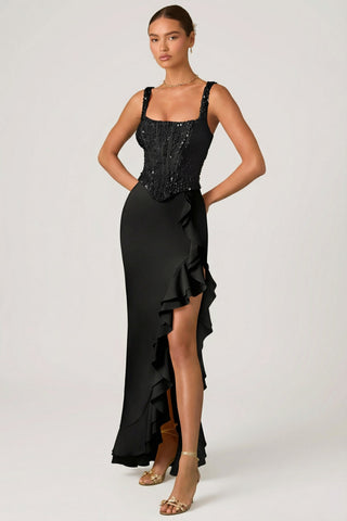 Embellished Ruffle-Trim Corset Gown in Black