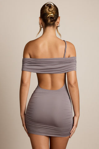 Off-Shoulder Draped Mini Dress in Steel Grey