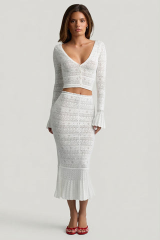 Ruffle-Trim Pointelle-Knit Midaxi Skirt in White