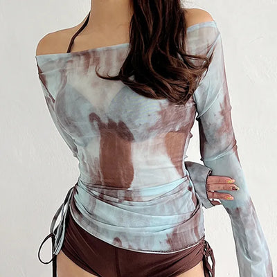 Blue shirring cover bikini set