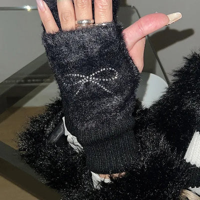 Ribbon Cubic Half Gloves Open Gloves Winter Goods