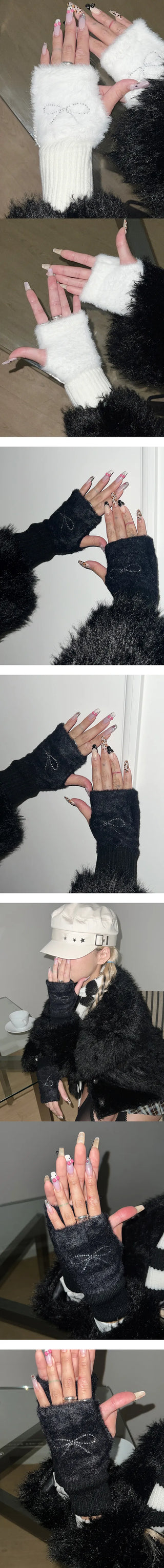 Ribbon Cubic Half Gloves Open Gloves Winter Goods